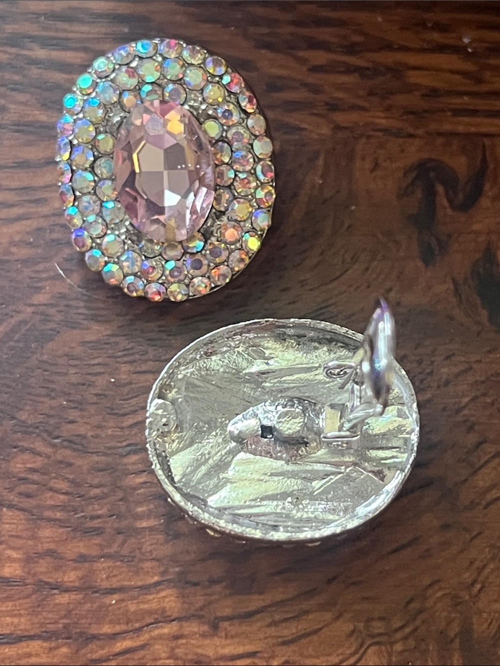 Vintage Pink/Borealis Aurora Faceted Silvertone Crystal Clip Earrings - Picture 5 of 5